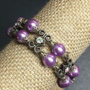Purple Pearl Double Bracelet Silver Scroll Rhinestone Lobster Claw Glam Bling